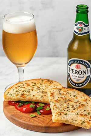 picture of italian peroni beer with flatbread